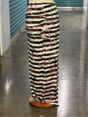 Striped Black, Cream & Pink Nicole Miller Collection Floral Maxi Skirt
